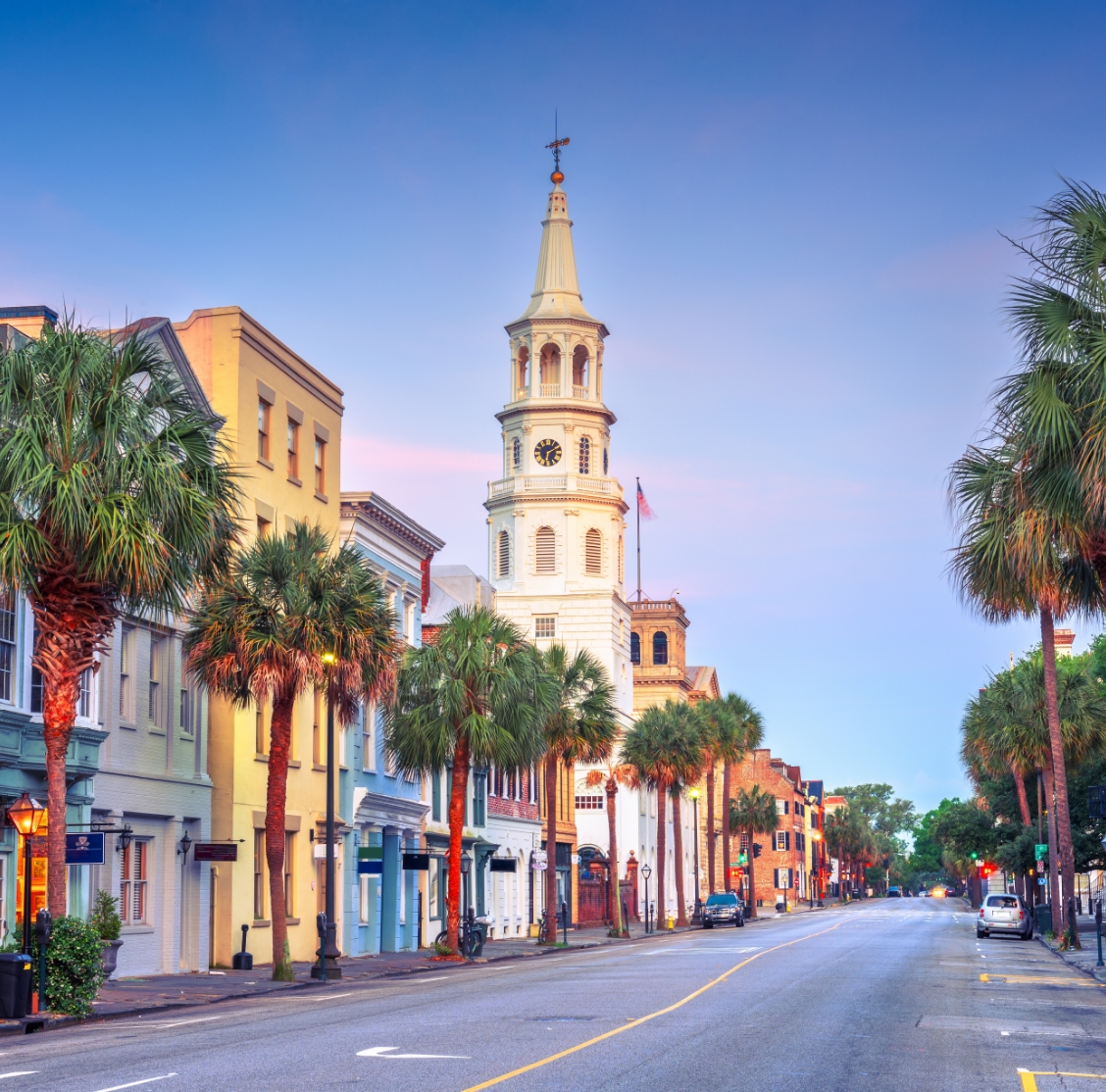 Charleston street with church
