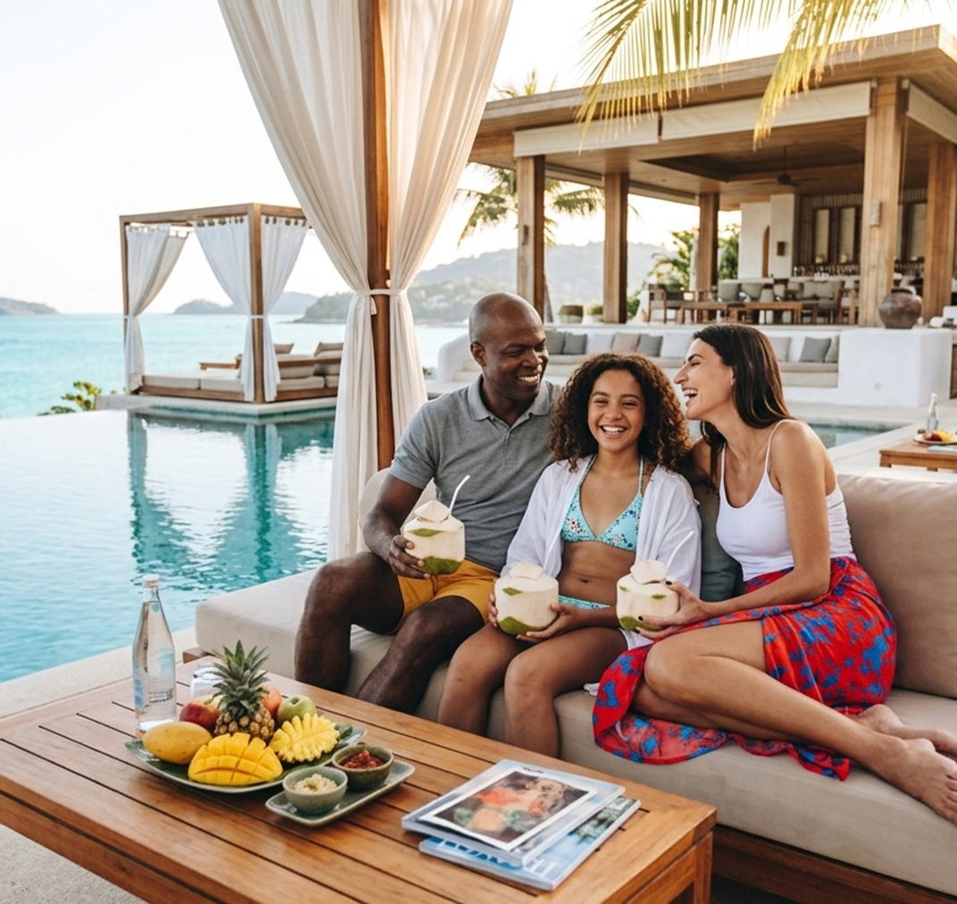 Couple relaxing with breakfast in bed on a luxury trip
