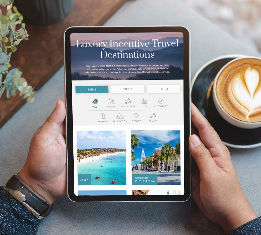 HR leader reviewing incentive travel program communication plan with employee reward announcement materials