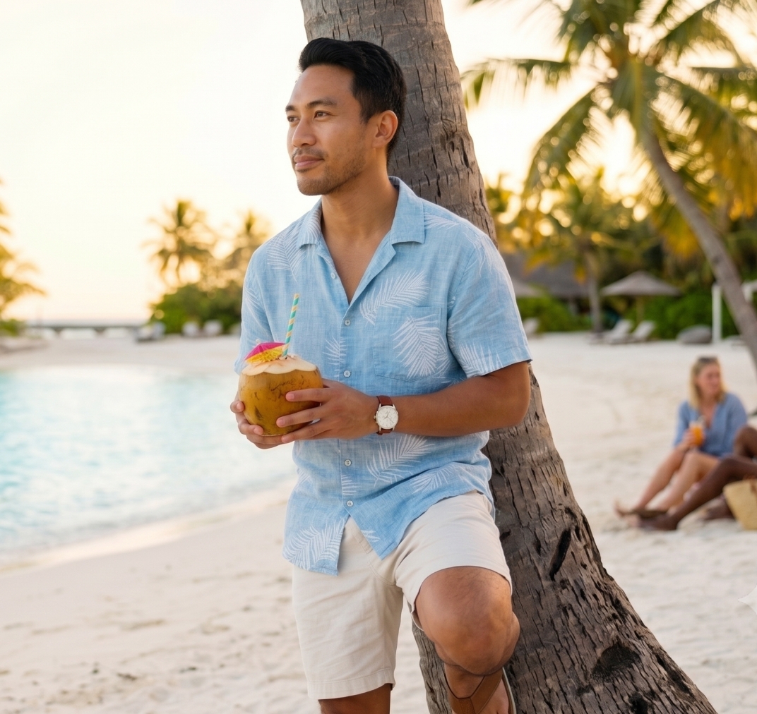 Man relaxing with a drink on a beach at sunset